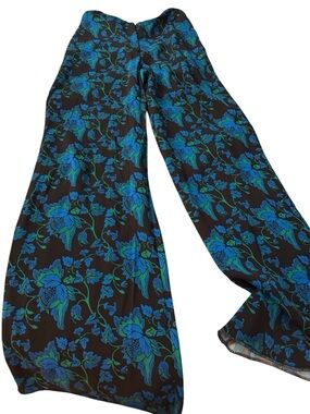 Diane Von Furstenberg Black Wide-Leg Pants with Blue & Green Floral Print